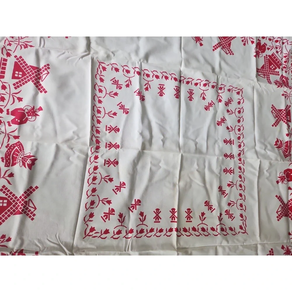 Vtg cotton printed tablecloth red dutch girl boy windmill tulip floral 47 x 46.5